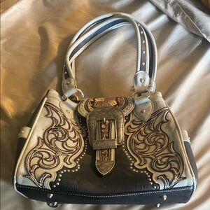 Montana West Black and Cream Shoulder Bag with Ornate Embellishments